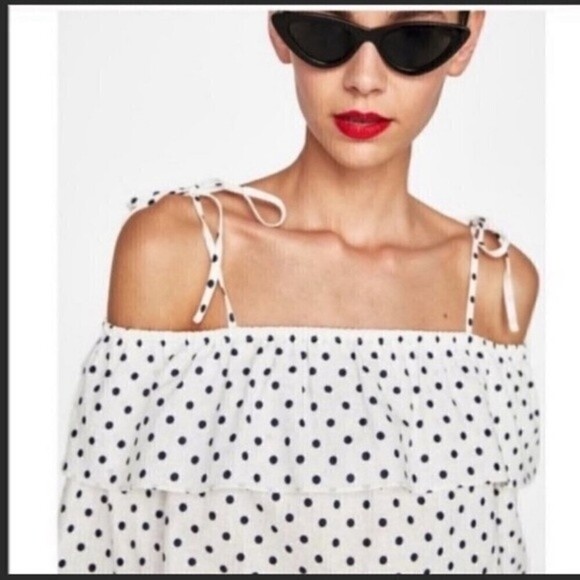 Zara Off Shoulder Linen Blend Polka Dot Top Xs - Picture 2 of 4